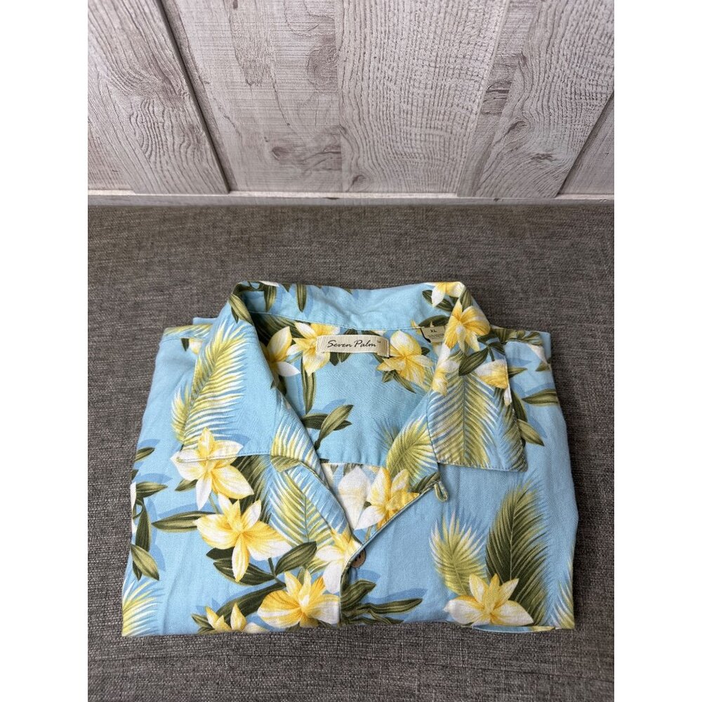 Mens Seven Palms Hawaiian Floral Button-Up Shirt XL Blue Yellow Beach Cruise - Picture 4 of 8